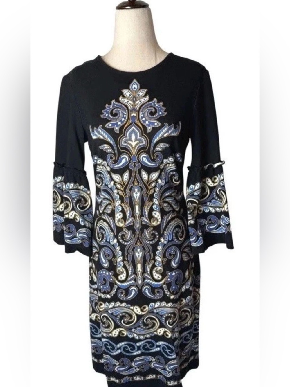 J. McLaughlin Black Dress with Blue, White and Gold Paisley Print (NWT)